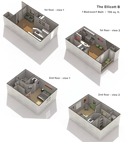 Floor plan for 1 bed, 1 bath, 730 sqft